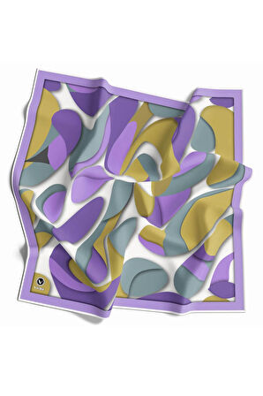 Twill Soyut Geometrik Desenli Lila - Haki Renkli 90x90 Eşarp (İpek İçermez) Dikim Şekli : El Dikişi