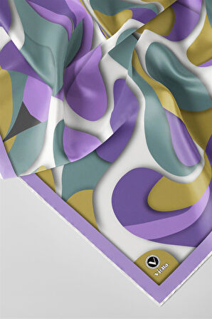 Twill Soyut Geometrik Desenli Lila - Haki Renkli 90x90 Eşarp (İpek İçermez) Dikim Şekli : El Dikişi
