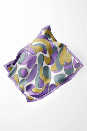 Twill Soyut Geometrik Desenli Lila - Haki Renkli 90x90 Eşarp (İpek İçermez) Dikim Şekli : El Dikişi