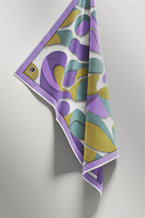 Twill Soyut Geometrik Desenli Lila - Haki Renkli 90x90 Eşarp (İpek İçermez) Dikim Şekli : El Dikişi