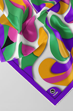 Twill Soyut Geometrik Desenli Mor - Buz Mavisi Renkli 90x90 Eşarp (İpek İçermez) Dikim Şekli : El Dikişi