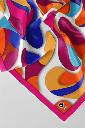 Twill Soyut Geometrik Desenli Fuşya - Turuncu Renkli 90x90 Eşarp (İpek İçermez) Dikim Şekli : El Dikişi