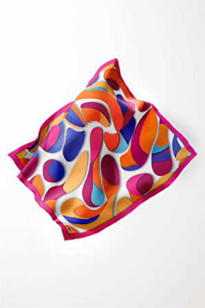 Twill Soyut Geometrik Desenli Fuşya - Turuncu Renkli 90x90 Eşarp (İpek İçermez) Dikim Şekli : El Dikişi