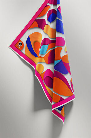 Twill Soyut Geometrik Desenli Fuşya - Turuncu Renkli 90x90 Eşarp (İpek İçermez) Dikim Şekli : El Dikişi