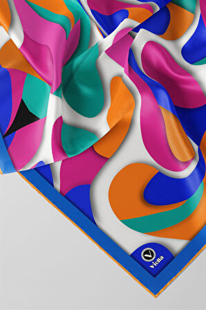 Twill Soyut Geometrik Desenli Saks - Turuncu Renkli 90x90 Eşarp (İpek İçermez) Dikim Şekli : El Dikişi