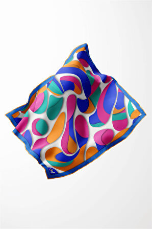 Twill Soyut Geometrik Desenli Saks - Turuncu Renkli 90x90 Eşarp (İpek İçermez) Dikim Şekli : El Dikişi