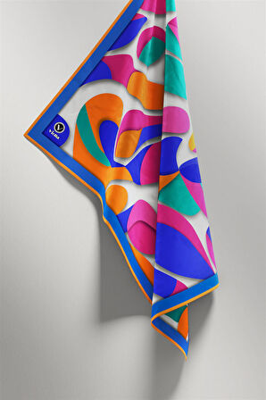 Twill Soyut Geometrik Desenli Saks - Turuncu Renkli 90x90 Eşarp (İpek İçermez) Dikim Şekli : El Dikişi