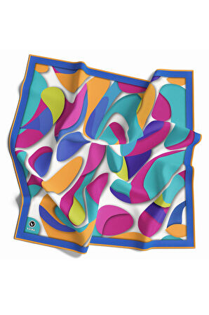 Twill Soyut Geometrik Desenli Buz Mavisi - Sarı Renkli 90x90 Eşarp (İpek İçermez) Dikim Şekli : El Dikişi