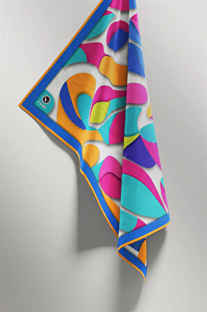 Twill Soyut Geometrik Desenli Buz Mavisi - Sarı Renkli 90x90 Eşarp (İpek İçermez) Dikim Şekli : El Dikişi