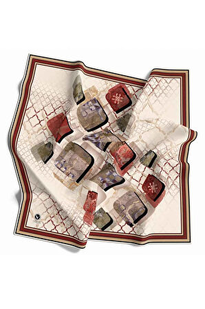 Kristal Geometrik Taş Desenli Krem - Bordo Renkli 90x90 Eşarp (İpek İçermez) Dikim Şekli : El Dikişi