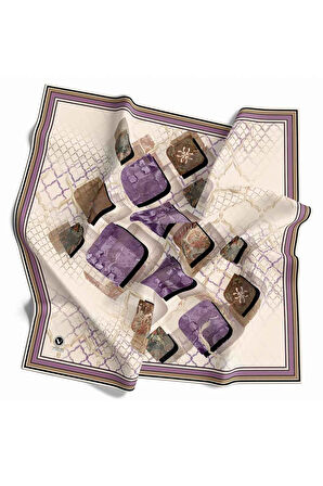 Kristal Geometrik Taş Desenli Krem - Mor Renkli 90x90 Eşarp (İpek İçermez) Dikim Şekli : El Dikişi