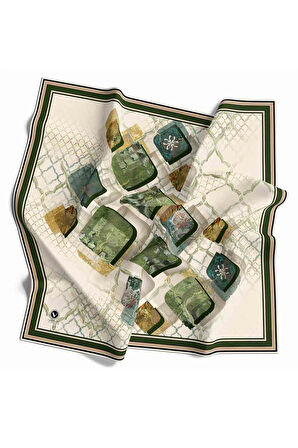 Kristal Geometrik Taş Desenli Zümrüt Yeşili - Gold  Renkli 90x90 Eşarp (İpek İçermez) Dikim Şekli : El Dikişi