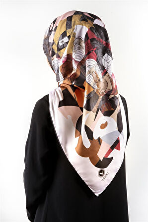 Twill Geometrik Çiçek Desenli Krem Renkli 90x90 Eşarp (İpek İçermez) Dikim Şekli : El Dikişi