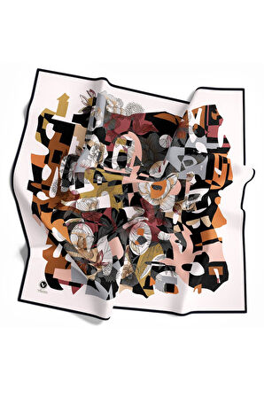 Twill Geometrik Çiçek Desenli Krem Renkli 90x90 Eşarp (İpek İçermez) Dikim Şekli : El Dikişi