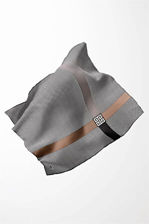 Twill Kazayaklı Şerit Desenli Gümüş Renkli 90x90 Eşarp (İpek İçermez) Dikim Şekli : El Dikişi