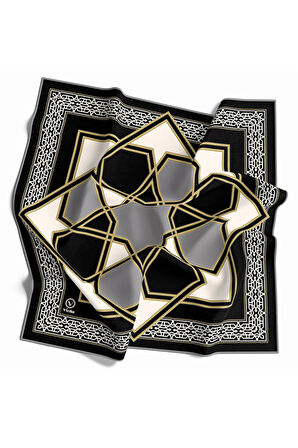 Twill Osmanlı Çini Desenli Gri Renkli 90x90 Eşarp (İpek İçermez)Kenar Dikiş Şekli El Dikişli