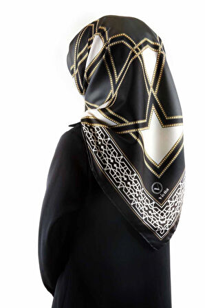 Twill Osmanlı Çini Desenli Füme Renkli 90x90 Eşarp (İpek İçermez)Kenar Dikiş Şekli El Dikişli