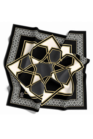 Twill Osmanlı Çini Desenli Füme Renkli 90x90 Eşarp (İpek İçermez)Kenar Dikiş Şekli El Dikişli