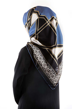 Twill Osmanlı Çini Desenli İndigo Renkli 90x90 Eşarp (İpek İçermez)Kenar Dikiş Şekli El Dikişli