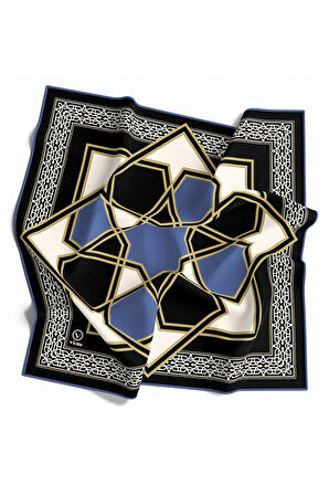 Twill Osmanlı Çini Desenli İndigo Renkli 90x90 Eşarp (İpek İçermez)Kenar Dikiş Şekli El Dikişli