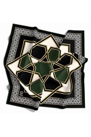 Twill Osmanlı Çini Desenli Zümrüt Yeşili Renkli 90x90 Eşarp (İpek İçermez)Kenar Dikiş Şekli El Dikişli