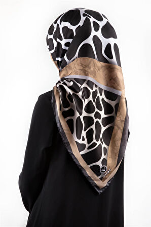 Twill Taş Desenli Bej - Gri Renkli 90x90 Eşarp (İpek İçermez)Kenar Dikiş Şekli El Dikişli