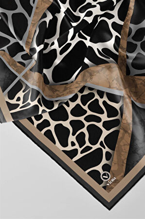 Twill Taş Desenli Bej - Gri Renkli 90x90 Eşarp (İpek İçermez)Kenar Dikiş Şekli El Dikişli