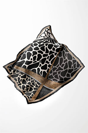 Twill Taş Desenli Bej - Gri Renkli 90x90 Eşarp (İpek İçermez)Kenar Dikiş Şekli El Dikişli