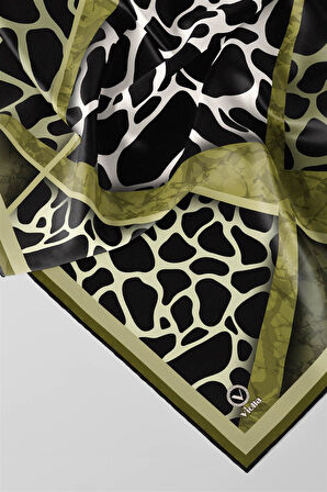 Twill Taş Desenli Haki Yeşili Renkli 90x90 Eşarp (İpek İçermez)Kenar Dikiş Şekli El Dikişli