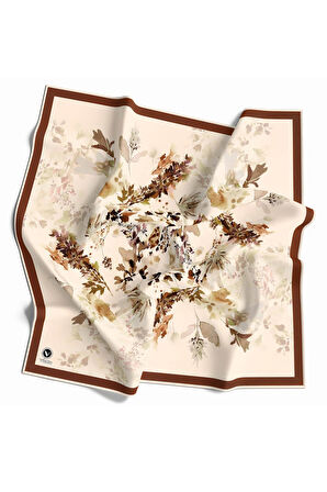 Kristal Sonbahar Yaprak Desenli Kahverengi Renkli 90x90 Eşarp (İpek İçermez) Kenar Dikiş Şekli El Dikişli