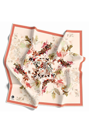 Kristal Sonbahar Yaprak Desenli Somon Renkli 90x90 Eşarp (İpek İçermez) Kenar Dikiş Şekli El Dikişli