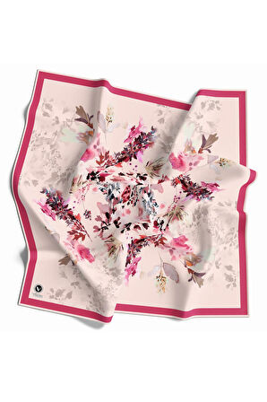 Kristal Sonbahar Yaprak Desenli Fuşya Renkli 90x90 Eşarp (İpek İçermez) Kenar Dikiş Şekli El Dikişli