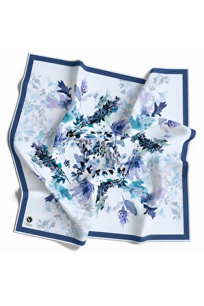 Kristal Sonbahar Yaprak Desenli İndigo Renkli 90x90 Eşarp (İpek İçermez) Kenar Dikiş Şekli El Dikişli