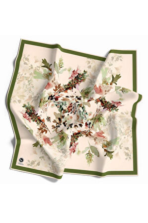 Kristal Sonbahar Yaprak Desenli Haki Renkli 90x90 Eşarp (İpek İçermez) Kenar Dikiş Şekli El Dikişli