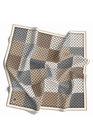 Twill Kare Desenli Bej Renkli 90x90 Eşarp (İpek İçermez) Kenar Dikiş Şekli El Dikişli