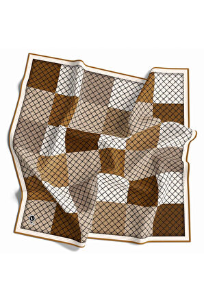 Twill Kare Desenli Hardal Renkli 90x90 Eşarp (İpek İçermez) Kenar Dikiş Şekli El Dikişli