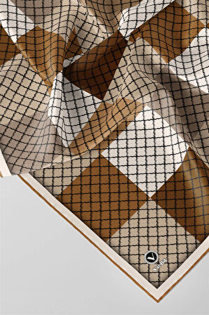 Twill Kare Desenli Hardal Renkli 90x90 Eşarp (İpek İçermez) Kenar Dikiş Şekli El Dikişli