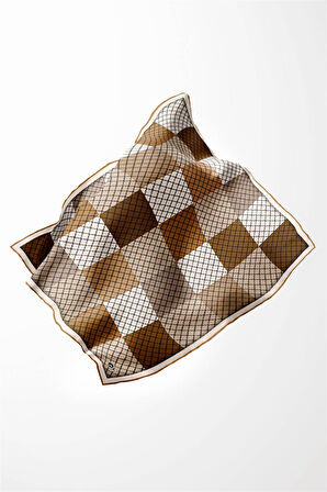 Twill Kare Desenli Hardal Renkli 90x90 Eşarp (İpek İçermez) Kenar Dikiş Şekli El Dikişli