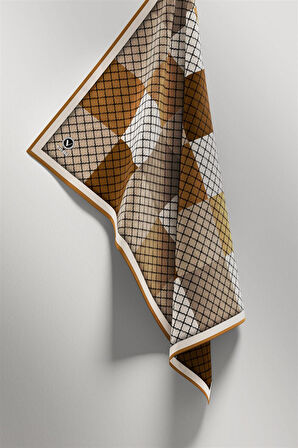 Twill Kare Desenli Hardal Renkli 90x90 Eşarp (İpek İçermez) Kenar Dikiş Şekli El Dikişli