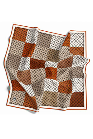 Twill Kare Desenli Taba Renkli 90x90 Eşarp (İpek İçermez) Kenar Dikiş Şekli El Dikişli