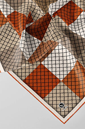 Twill Kare Desenli Taba Renkli 90x90 Eşarp (İpek İçermez) Kenar Dikiş Şekli El Dikişli