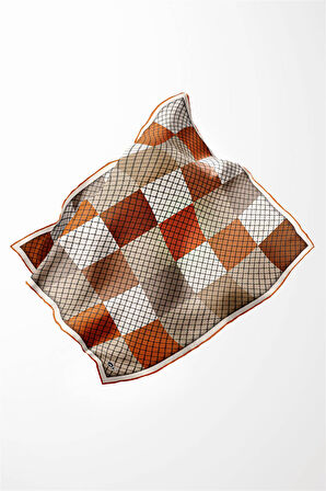 Twill Kare Desenli Taba Renkli 90x90 Eşarp (İpek İçermez) Kenar Dikiş Şekli El Dikişli