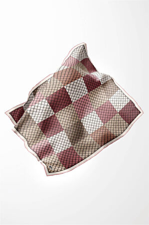 Twill Kare Desenli Pudra Renkli 90x90 Eşarp (İpek İçermez) Kenar Dikiş Şekli El Dikişli