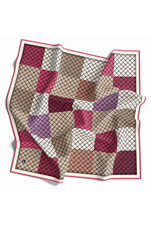 Twill Kare Desenli Pembe Renkli 90x90 Eşarp (İpek İçermez) Kenar Dikiş Şekli El Dikişli
