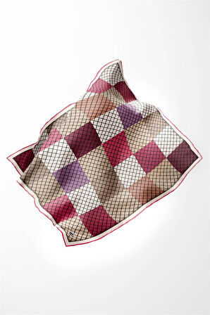 Twill Kare Desenli Pembe Renkli 90x90 Eşarp (İpek İçermez) Kenar Dikiş Şekli El Dikişli