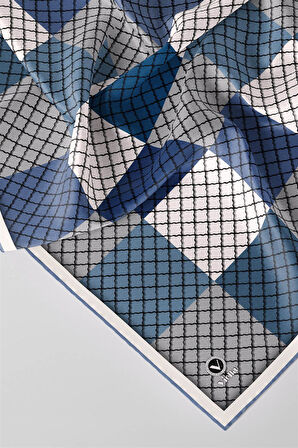 Twill Kare Desenli İndigo Renkli 90x90 Eşarp (İpek İçermez) Kenar Dikiş Şekli El Dikişli