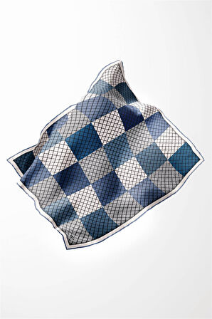 Twill Kare Desenli İndigo Renkli 90x90 Eşarp (İpek İçermez) Kenar Dikiş Şekli El Dikişli