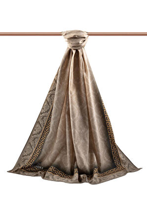 LÜKS MEDİNE İPEĞİ GOLD DETAYLI BAROK DESENLİ BEJ RENKLİ 75X195 KIRIŞMAZ ŞAL MOSS KREP DİKİŞ TİPİ İTALYAN DİKİŞLİ