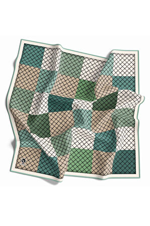 Twill Kare Desenli Koyu Mint Yeşili Renkli 90x90 Eşarp (İpek İçermez) Kenar Dikiş Şekli El Dikişli