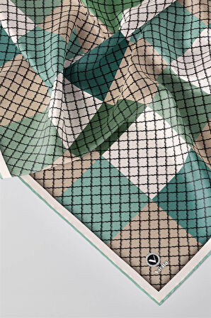 Twill Kare Desenli Koyu Mint Yeşili Renkli 90x90 Eşarp (İpek İçermez) Kenar Dikiş Şekli El Dikişli